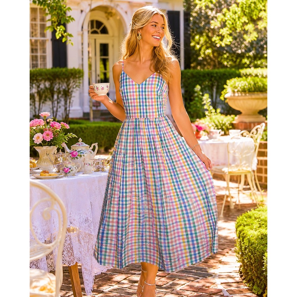 J.Crew Rainbow Gingham Midi Dress Multi Color Cotton Smocked NEW Womens 6 A7 - Picture 2 of 9